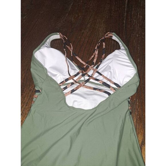 New Small Green Cheetah Leopard Print Strappy Swimsuit Bathing Suit 1 Piece - Picture 3 of 4